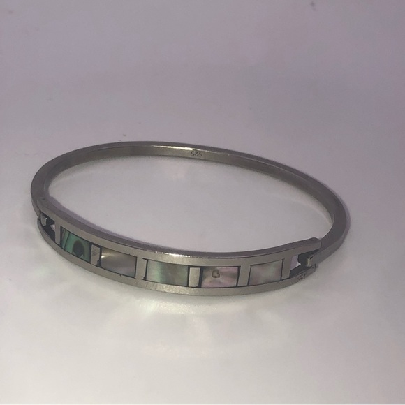 VTG Sterling Silver & Abalone Inlay Pinch Bracelet 6.6” / 2.1” Diameter - Picture 3 of 10